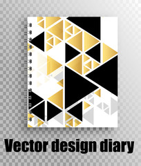 Business office - vector mockup of a stylish diary. Triangles pattern - black and gold triangles geometry. The layout of the diary on the springs