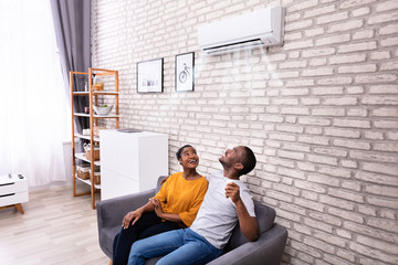 Couple Operating Air Conditioner At Home