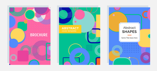 Set of covers with bright geometric shapes. Abstract backgrounds for poster, flyer, banner, brochure and advertising.