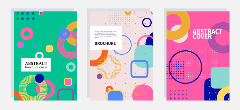 Set of covers with bright geometric shapes. Abstract backgrounds for poster, flyer, banner, brochure and advertising.