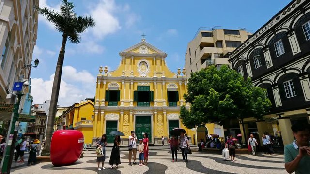 MACAU, CHINA - SEPTEMBER 5, 2018: People walking around Senado Square in Macau 