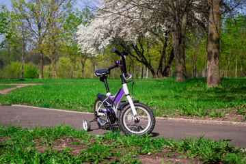 Fototapeta na wymiar two-wheeled white-purple bike with extra side wheels