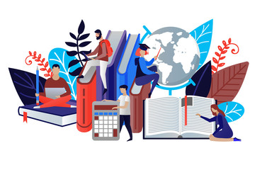 Education concept in flat style. Vector illustration people learn and gain knowledge. The creative design of the schedule students learn on books. Modern vector for banners, websites, brochures