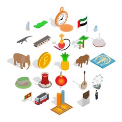 Eastern country icons set. Isometric set of 25 eastern country vector icons for web isolated on white background