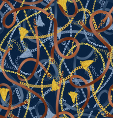 Seamless pattern with belts, chain and tassel for fabric design. Navy blue seamless background pattern.