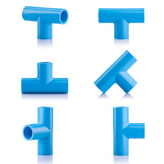 New blue PVC connector for water pipe isolated on white