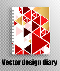 Beautiful design of the notepad on the spring - geometry style - fashionable red and gold triangles. Stylish vector notepad cover mockup