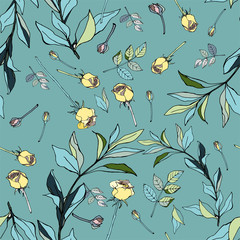 Yellow roses with leaves on a blue background. Seamless vector p