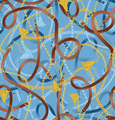 Seamless pattern with belts, chain and tassel for fabric design. Light blue seamless background pattern.