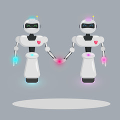 two robots love,  flying, luminous, beautiful modern friendly  robot, vector illustration, gray background