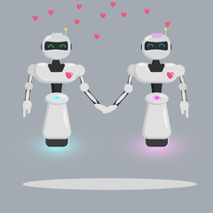 two robots love,  flying, luminous, beautiful modern friendly   robot, vector illustration, gray background