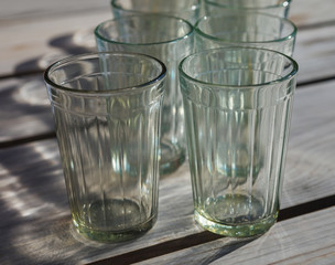 Empty glasses on a table.