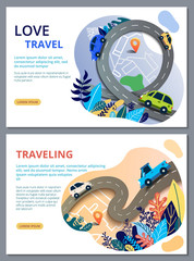 Set of web page design templates for travelling, journey, trip, car tour, roads and auto. Street Map with navigation icons. Navigation concept. Vector illustration