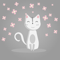happy funny white cat on a gray background, pink flowers, domestic cat