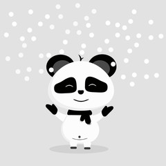 sweet panda on a gray background, panda with a black scarf around his neck, snow, happy bear