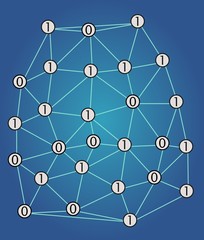 Digital network with binary code, numbers 1 and 0 randomly distributed in mesh on dark blue gradient background, abstract technology, vector illustration