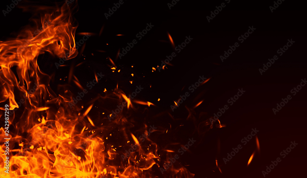 Wall mural realistic isolated fire effect for decoration and covering on black background. concept of particles