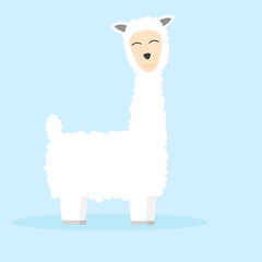emotional white big llama,  alpaca, on a blue background, nice smile