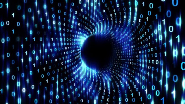 Abstract data tunnel journey with computer blue coloured binary numbers on dark background.