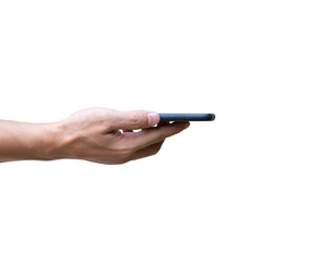 Man hand holding smartphone in horizontal screen facing up isolated on white background