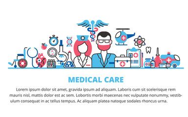 Flat line design website banner of health care, clinic and hospital facilities. Modern vector illustration for web design, marketing and print material.