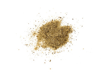 Powdered black pepper and peas. Isolated on a white background. black ground (milled) pepper and black pepper whole peas, side view, isolated on white background. 