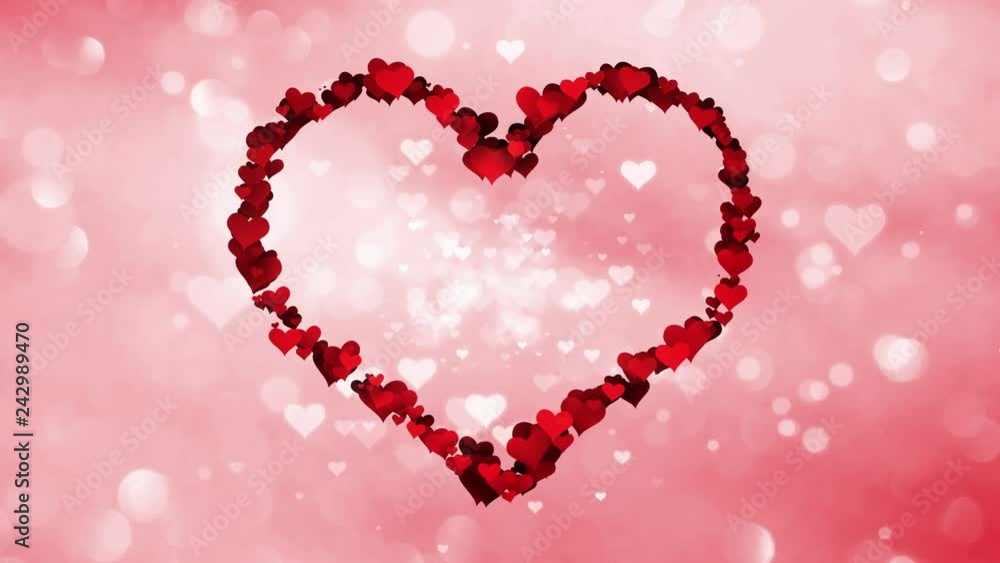 Poster Magic red heart shapes in the shape of a big Valentines day heart on shiny bokeh background.