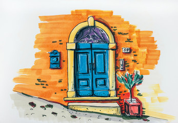 Sketch drawing of bright blue door by markers illustration - obrazy, fototapety, plakaty