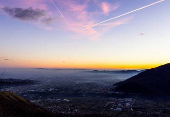 sunset in the low land of Schio with the Berici hills of Vicenza