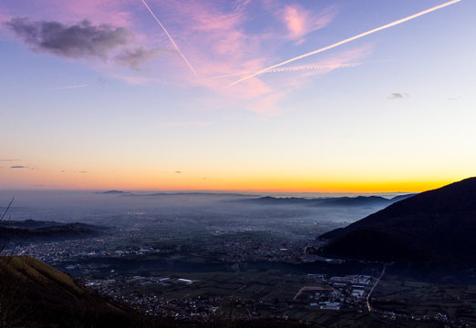 sunset in the low land of Schio with the Berici hills of Vicenza