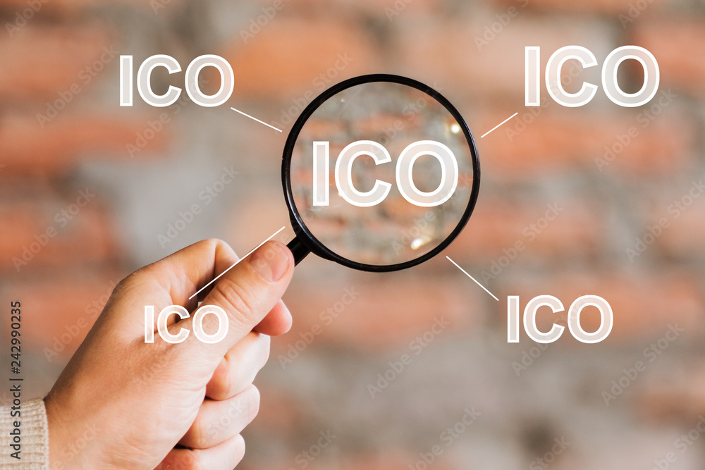 Poster businessman search ico initial coin offering virtual digital electronic user interface magnifier.