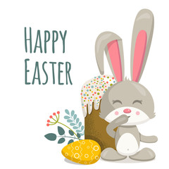 Happy easter bunny vector character on white background. Festive attributes of eggs and cake. Flat illustration in cartoon style