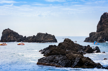 Fototapeta premium Acitrezza rocks of the Cyclops, sea stacks in Catania, Sicily, Italy