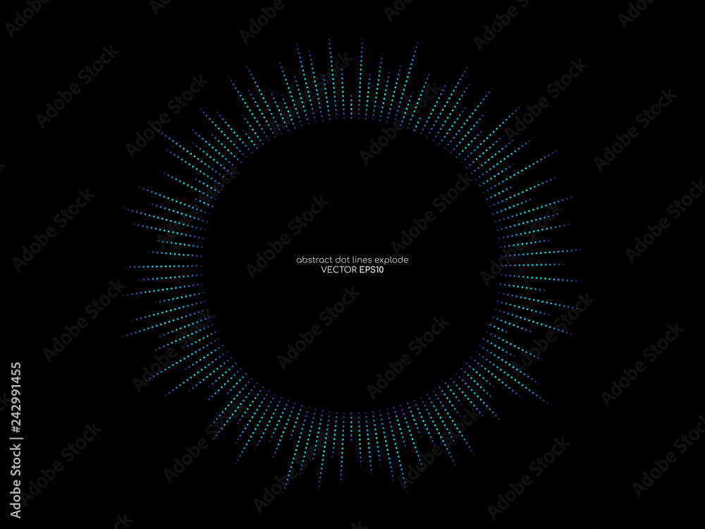 Poster Abstract vector explosion circle frame with strip lines equalizer pattern in blue green color isolated on black background with space for text in concept of music, technology, science, digital, AI