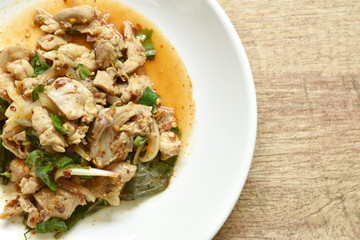 spicy chicken and liver salad Thai salad on plate
