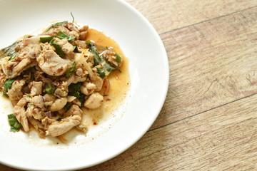 spicy chicken and liver salad Thai salad on plate