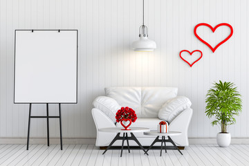 mock up poster frame interior living room with sofa, rose and gift valentine. 3D render