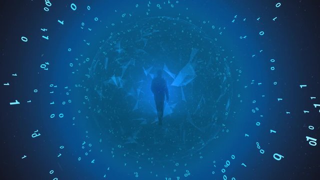 Artistic data tunnel journey with walking person and rotating computer binary numbers on flashing bright blue background.