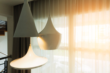 modern white shiny pendant light with white curtain modern house design