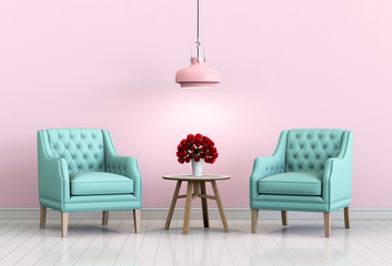 interior living pink room with armchair and rose valentine. 3D render