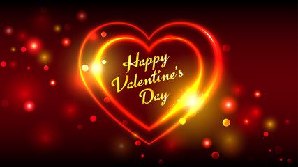 Happy valentines day vector greeting cards, bright red golden heart shape on dark bokeh background