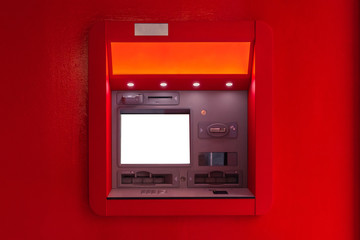 Red ATM machine. Cash withdrawal from ATM. Clean screen, put your text there. Template.