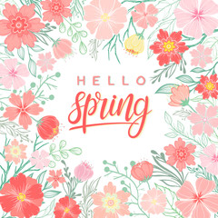 Design card with hand drawn lettering hello spring with floral elements,spring plants, leaves and flowers. Seasons greetings card perfect for prints, flyers,banners,invitations,special offer and more.