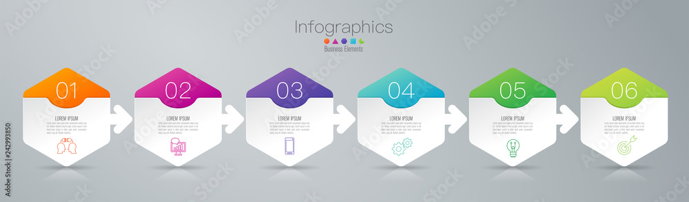 Wall mural timeline infographics design vector and business icons with 6 options.