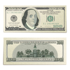 Realistic dummy one hundred USA dollars banknote, front and back detailed coupure on white