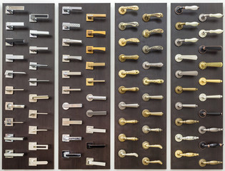 showcase with door knob handles in modern shop of doors hardware for loft apartments