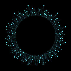 Geometric abstract round form with connected line and dots on black background