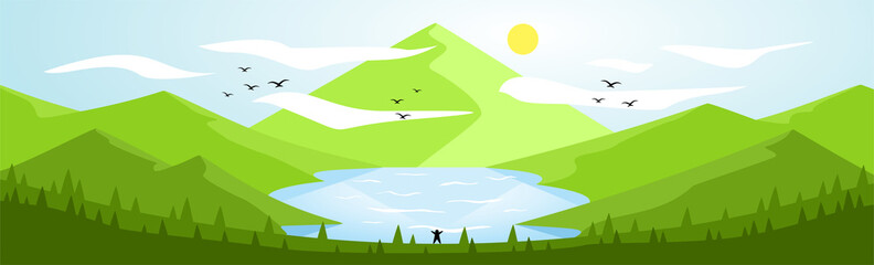 Landscape Illustration (Mountain & Lake) - Spring Daytime