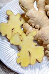Fresh raw ginger root from China close up
