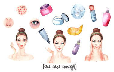 Banner watercolor acne, pimples, wrinkles, dry skin, blackheads, dark circles under eyes